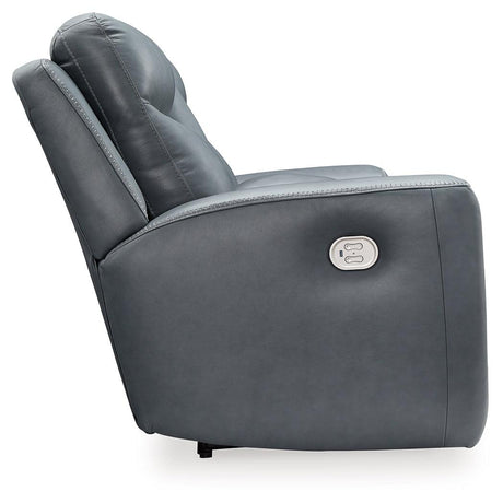Mindanao Steel Dual Power Leather Reclining Loveseat with Console by Ashley at Eve Furniture