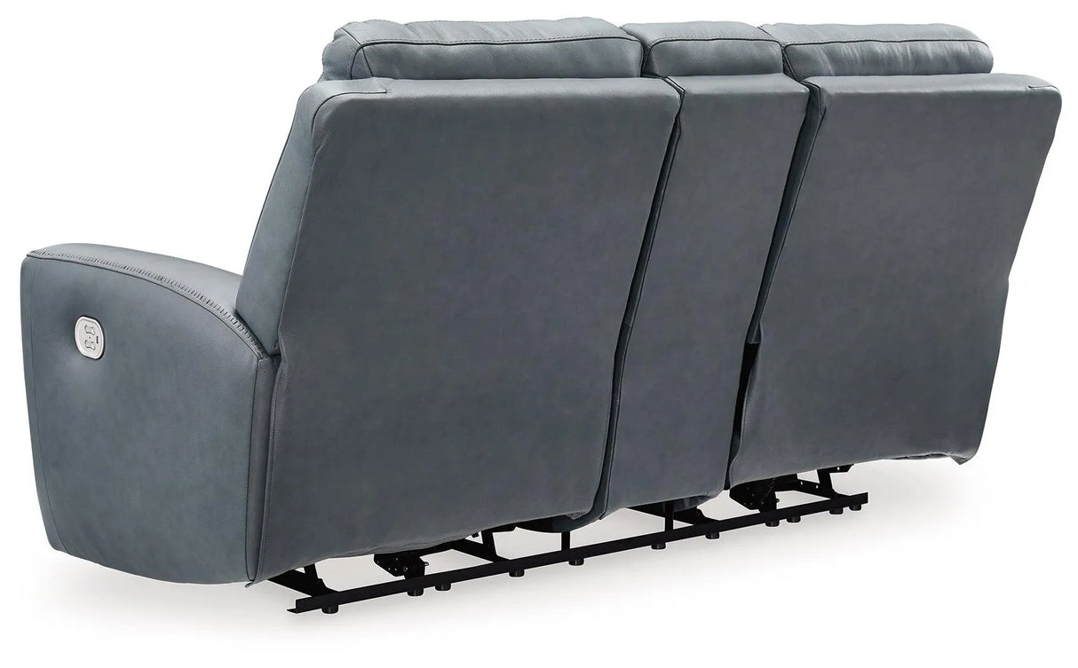 Mindanao Steel Dual Power Leather Reclining Loveseat with Console by Ashley at Eve Furniture