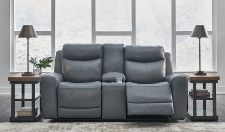 Mindanao Steel Dual Power Leather Reclining Loveseat with Console by Ashley at Eve Furniture