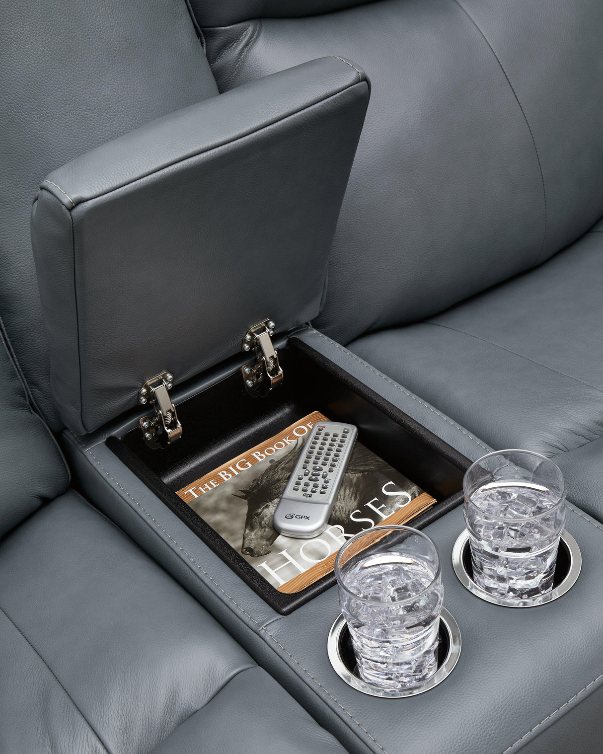 Mindanao Steel Dual Power Leather Reclining Loveseat with Console by Ashley at Eve Furniture