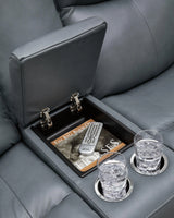 Mindanao Steel Dual Power Leather Reclining Loveseat with Console by Ashley at Eve Furniture