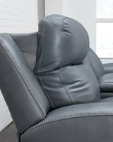 Mindanao Steel Dual Power Leather Reclining Loveseat with Console by Ashley at Eve Furniture