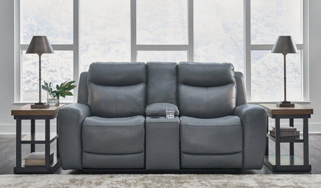 Mindanao Steel Dual Power Leather Reclining Loveseat with Console by Ashley at Eve Furniture
