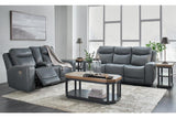 Mindanao Steel Dual Power Leather Reclining Sofa and Loveseat by Ashley at Eve Furniture