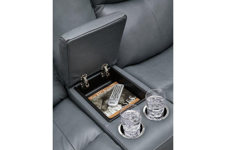 Mindanao Steel Dual Power Leather Reclining Sofa and Loveseat by Ashley at Eve Furniture