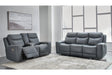 Mindanao Steel Dual Power Leather Reclining Sofa and Loveseat by Ashley at Eve Furniture