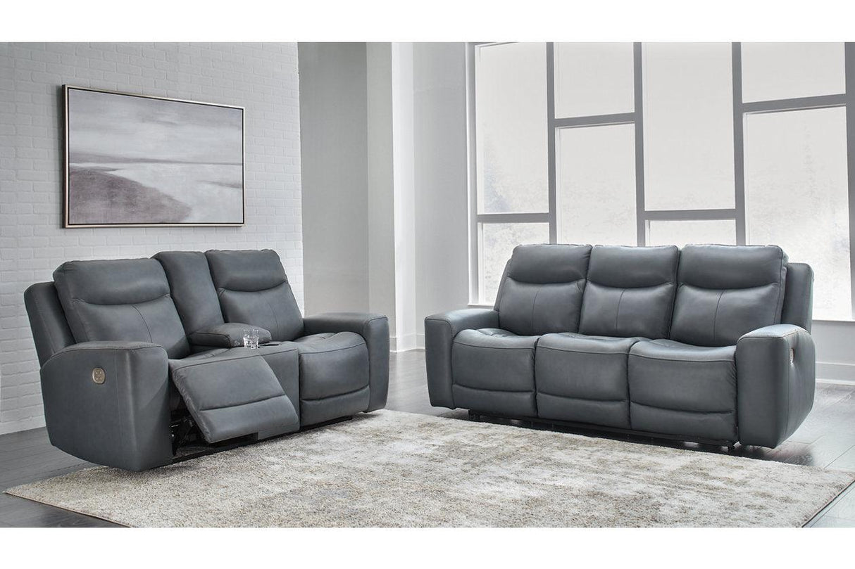 Mindanao Steel Dual Power Leather Reclining Sofa and Loveseat by Ashley at Eve Furniture