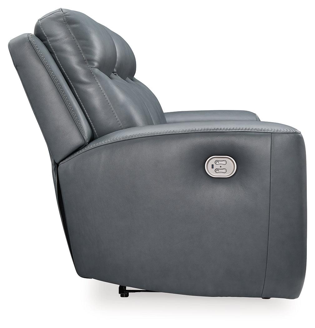 Mindanao Steel Dual Power Leather Reclining Sofa by Ashley at Eve Furniture