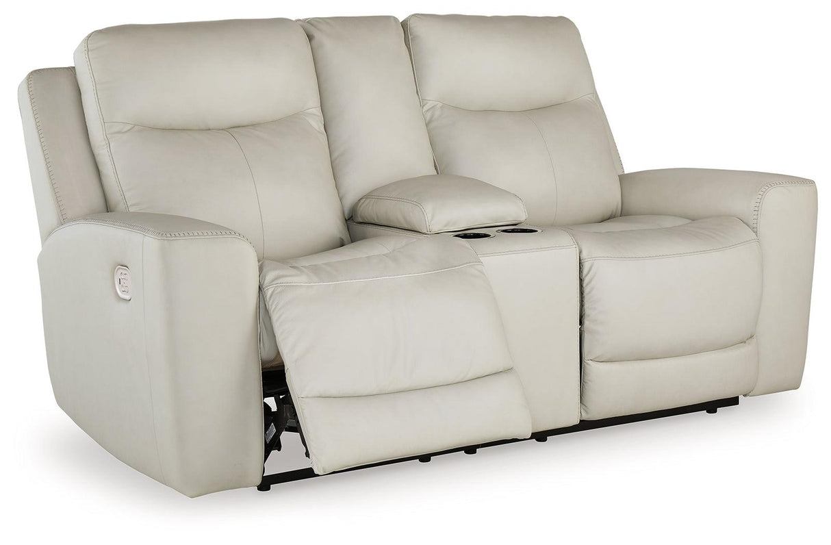 Mindanao Coconut Dual Power Leather Reclining Loveseat with Console by Ashley at Eve Furniture