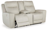Mindanao Coconut Dual Power Leather Reclining Loveseat with Console by Ashley at Eve Furniture
