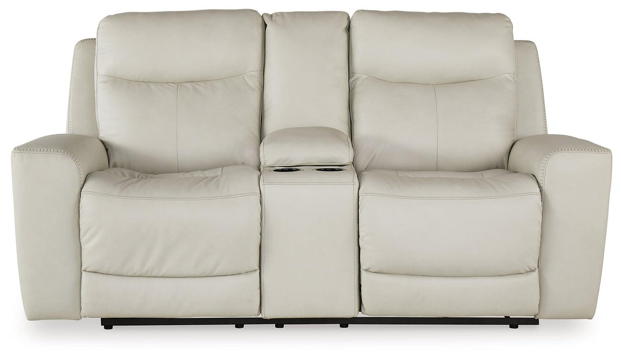 Mindanao Coconut Dual Power Leather Reclining Loveseat with Console by Ashley at Eve Furniture