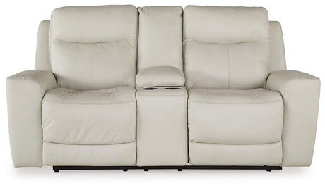 Mindanao Coconut Dual Power Leather Reclining Loveseat with Console by Ashley at Eve Furniture