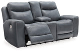 Mindanao Steel Dual Power Leather Reclining Loveseat with Console by Ashley at Eve Furniture