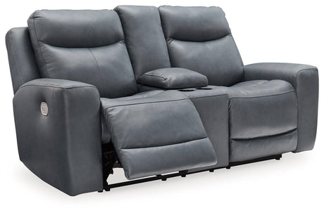 Mindanao Steel Dual Power Leather Reclining Loveseat with Console by Ashley at Eve Furniture