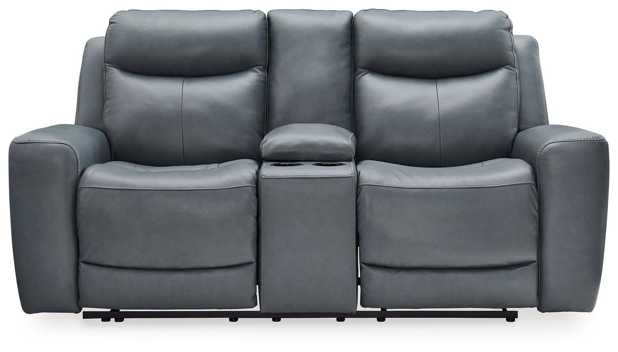 Mindanao Steel Dual Power Leather Reclining Loveseat with Console by Ashley at Eve Furniture