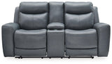 Mindanao Steel Dual Power Leather Reclining Loveseat with Console by Ashley at Eve Furniture