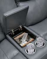 Mindanao Steel Dual Power Leather Reclining Loveseat with Console by Ashley at Eve Furniture