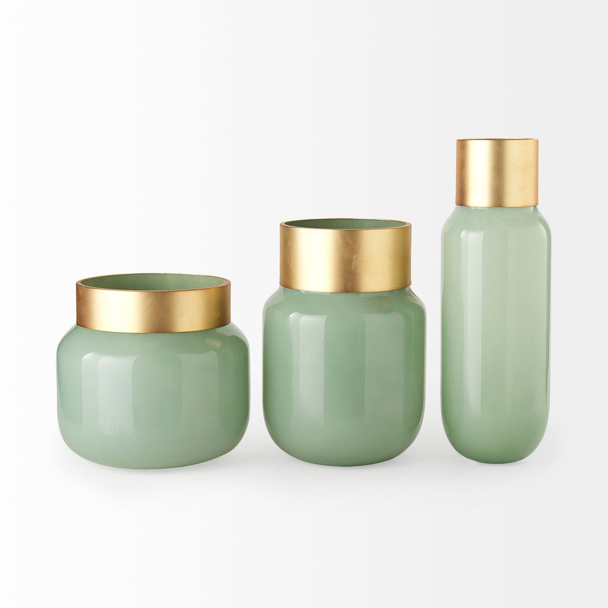 Minty 5.7L x 5.7W x 16.8H Green Glass Vase W/Matte Gold Metal Neck Cuff by Mercana at Eve Furniture