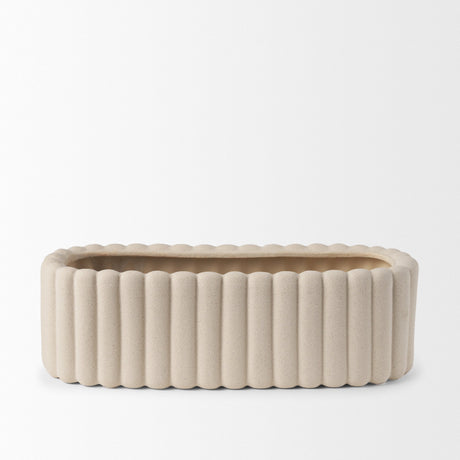 Mira Wide Textured Blush Beige Fluted Ceramic Vase by Mercana at Eve Furniture
