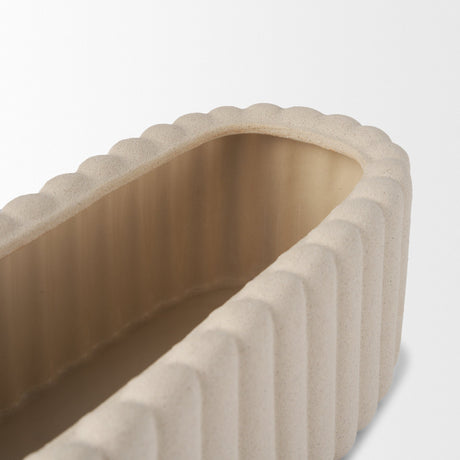 Mira Wide Textured Blush Beige Fluted Ceramic Vase by Mercana at Eve Furniture