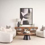 Mitchell 40.0L x 40.0W x 16.0H Black Metal Pedestal Base with Brown Wood Top Coffee Table by Mercana at Eve Furniture
