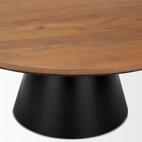 Mitchell Black Metal Pedestal Base with Brown Wood Top Coffee Table by Mercana at Eve Furniture