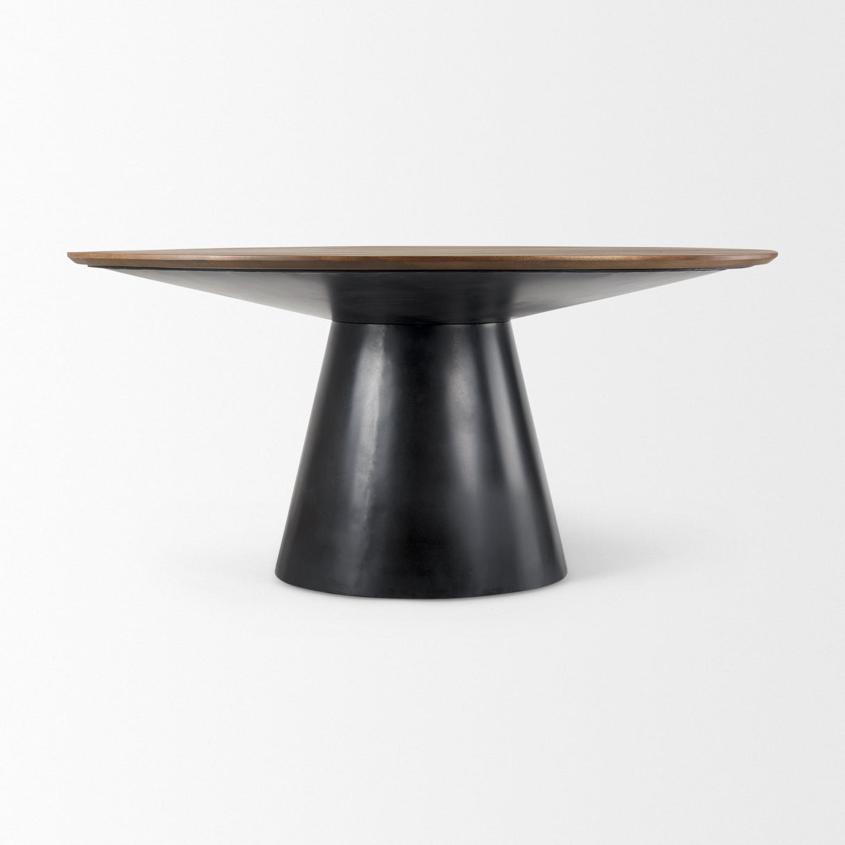 Mitchell Black Metal Pedestal Base with Brown Wood Top Dining Table by Mercana at Eve Furniture