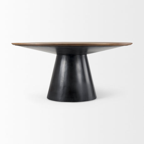 Mitchell Black Metal Pedestal Base with Brown Wood Top Dining Table by Mercana at Eve Furniture