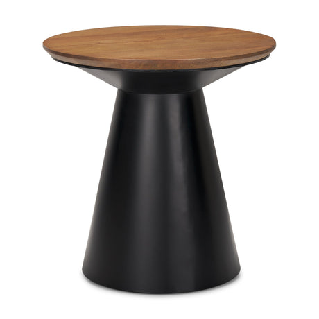 Mitchell Black Metal Pedetal Base with Brown Wood Top Side Table by Mercana at Eve Furniture