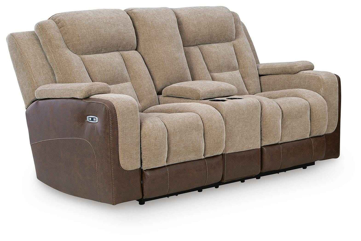 Mixed Motion Brownstone Power Reclining Loveseat with Console by Ashley at Eve Furniture