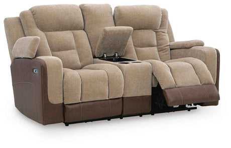Mixed Motion Brownstone Power Reclining Loveseat with Console by Ashley at Eve Furniture