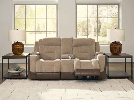 Mixed Motion Brownstone Power Reclining Loveseat with Console by Ashley at Eve Furniture