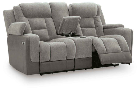Mixed Motion Shadow Power Reclining Loveseat with Console by Ashley at Eve Furniture