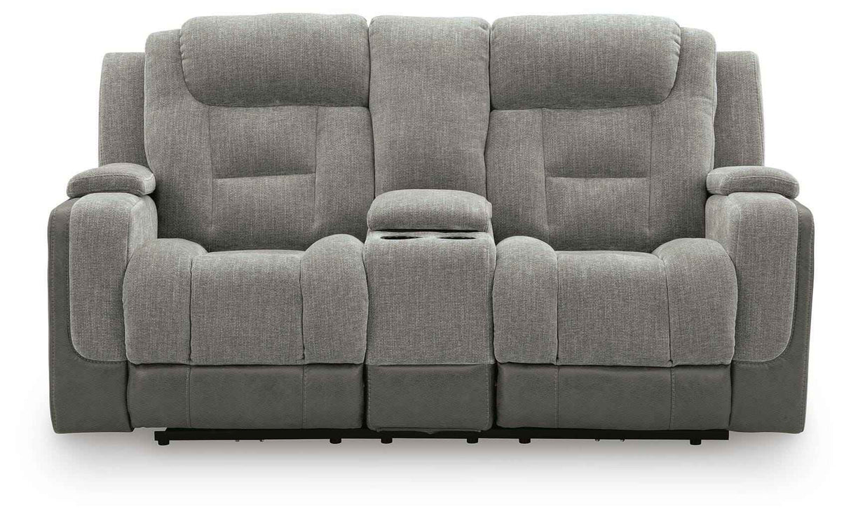 Mixed Motion Shadow Power Reclining Loveseat with Console by Ashley at Eve Furniture