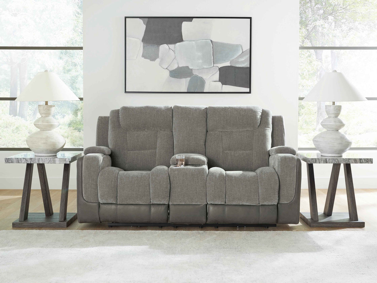 Mixed Motion Shadow Power Reclining Loveseat with Console by Ashley at Eve Furniture