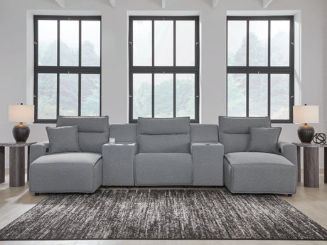 Modmax II Salt and Pepper 5-Piece Double Chaise Power Reclining Modular Sectional with 2 Consoles by Ashley at Eve Furniture