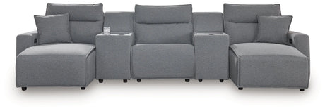 Modmax II Salt and Pepper 5-Piece Double Chaise Power Reclining Modular Sectional with 2 Consoles by Ashley at Eve Furniture