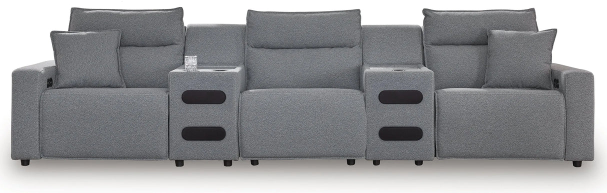 Modmax II Salt and Pepper 5-Piece Power Reclining Sectional with 2 Audio Consoles by Ashley at Eve Furniture