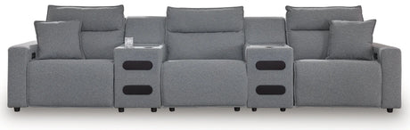 Modmax II Salt and Pepper 5-Piece Power Reclining Sectional with 2 Audio Consoles by Ashley at Eve Furniture