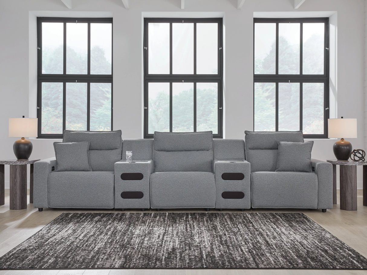 Modmax II Salt and Pepper 5-Piece Power Reclining Sectional with 2 Audio Consoles by Ashley at Eve Furniture