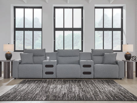 Modmax II Salt and Pepper 5-Piece Power Reclining Sectional with 2 Audio Consoles by Ashley at Eve Furniture