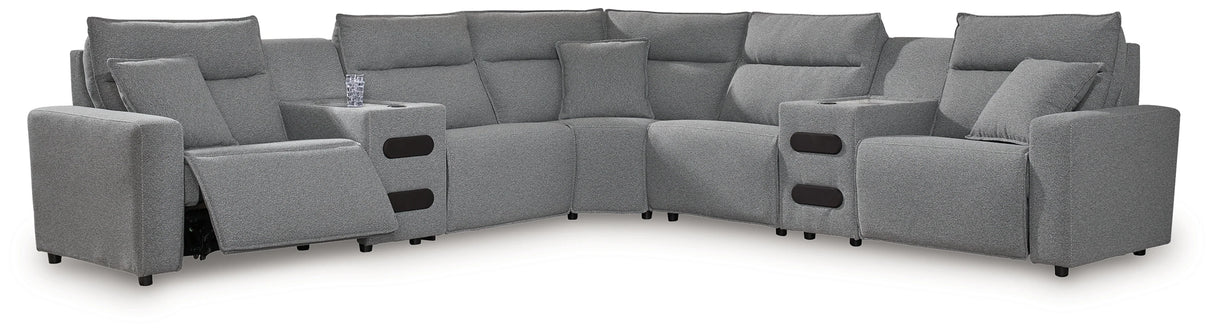 Modmax II Salt and Pepper 7-Piece Power Reclining Sectional with 2 Audio Consoles by Ashley at Eve Furniture