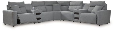 Modmax II Salt and Pepper 7-Piece Power Reclining Sectional with 2 Audio Consoles by Ashley at Eve Furniture