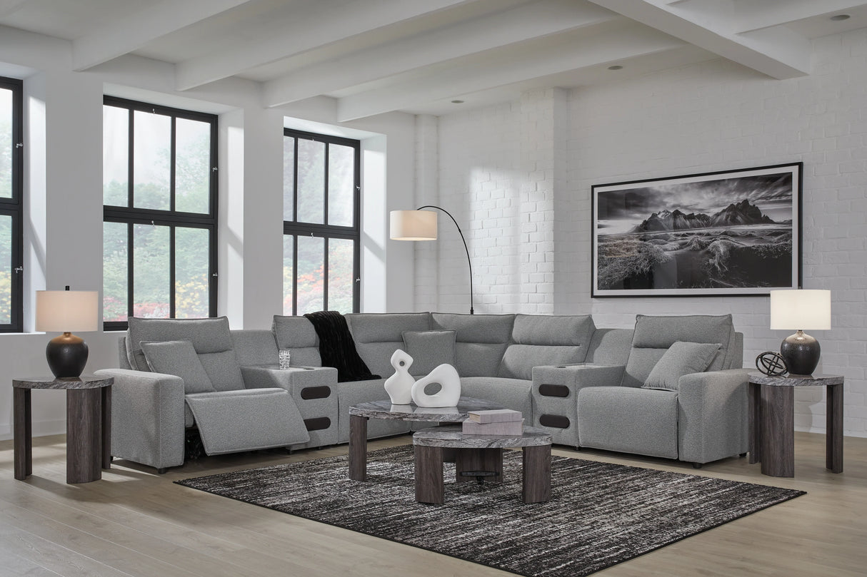 Modmax II Salt and Pepper 7-Piece Power Reclining Sectional with 2 Audio Consoles by Ashley at Eve Furniture