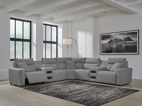Modmax II Salt and Pepper 7-Piece Power Reclining Sectional with 2 Audio Consoles by Ashley at Eve Furniture
