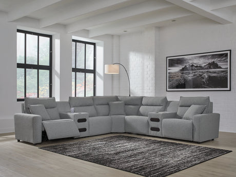 Modmax II Salt and Pepper 7-Piece Power Reclining Sectional with 2 Audio Consoles by Ashley at Eve Furniture