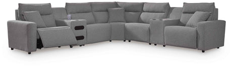 Modmax II Salt and Pepper 7-Piece Power Reclining Sectional with Audio Consoles by Ashley at Eve Furniture