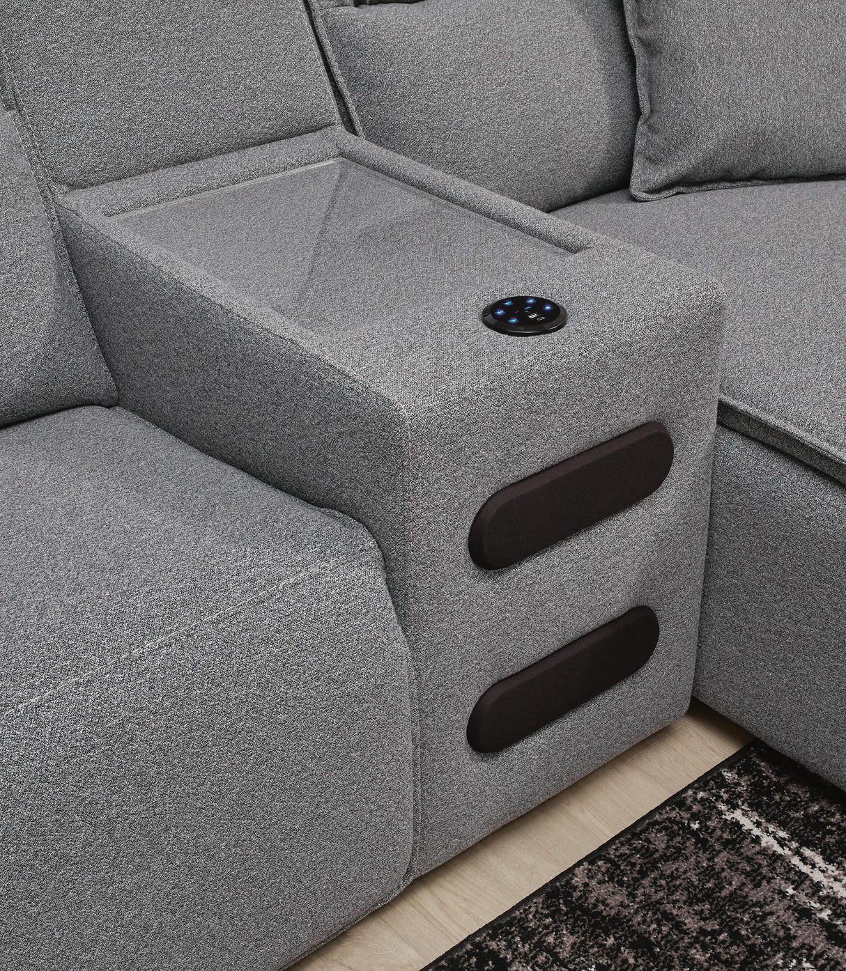 Modmax II Salt and Pepper 7-Piece Power Reclining Sectional with Chaise and Audio Console by Ashley at Eve Furniture