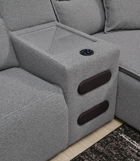 Modmax II Salt and Pepper 7-Piece Power Reclining Sectional with Chaise and Audio Console by Ashley at Eve Furniture