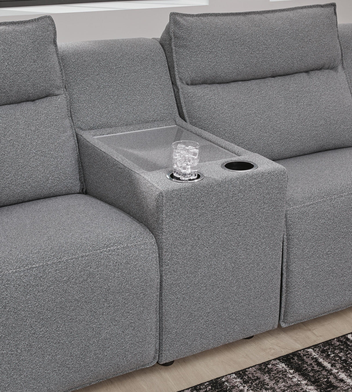 Modmax II Salt and Pepper 7-Piece Power Reclining Sectional with Chaise and Audio Console by Ashley at Eve Furniture